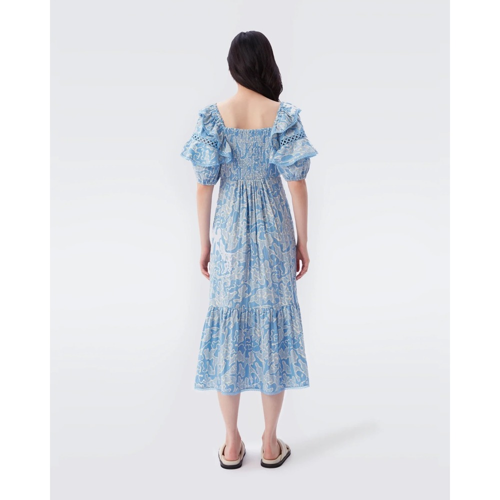 New Diane von furstenberg Oliver ruffled eylet midi dress blue Size 10 - Picture 2 of 11